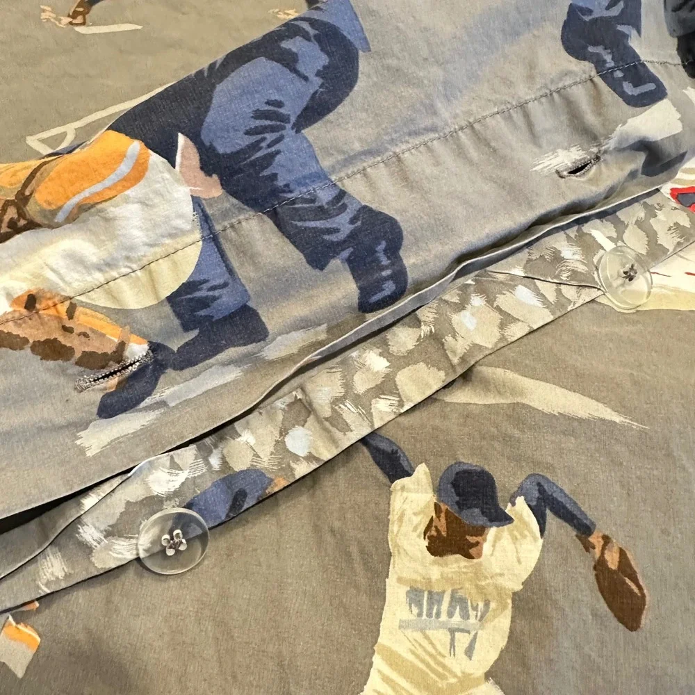 Pottery Barn Kids Twin Baseball Duvet Cover and Flat Sheet Organic Cotton Grey